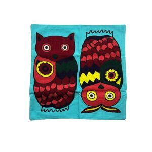 New w/ Tag Cushion Cover Owls Embroidered Light Blue Background - Size 16"x16"